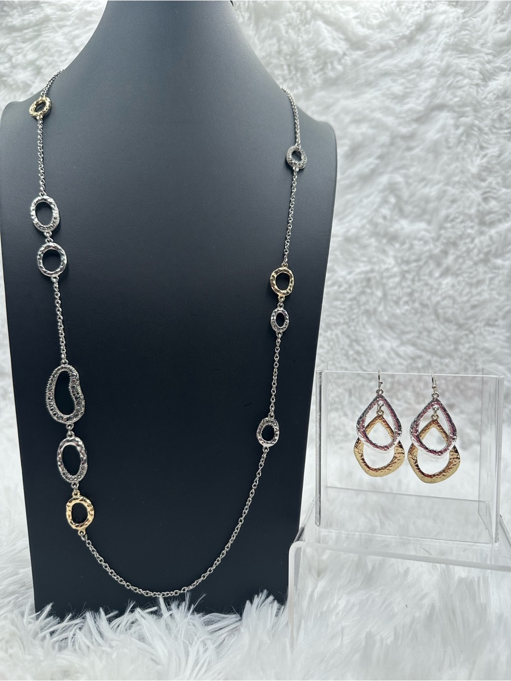 Liz Claiborne Two-Tone Silver and Gold Link Necklace with Matching Drop Earrings